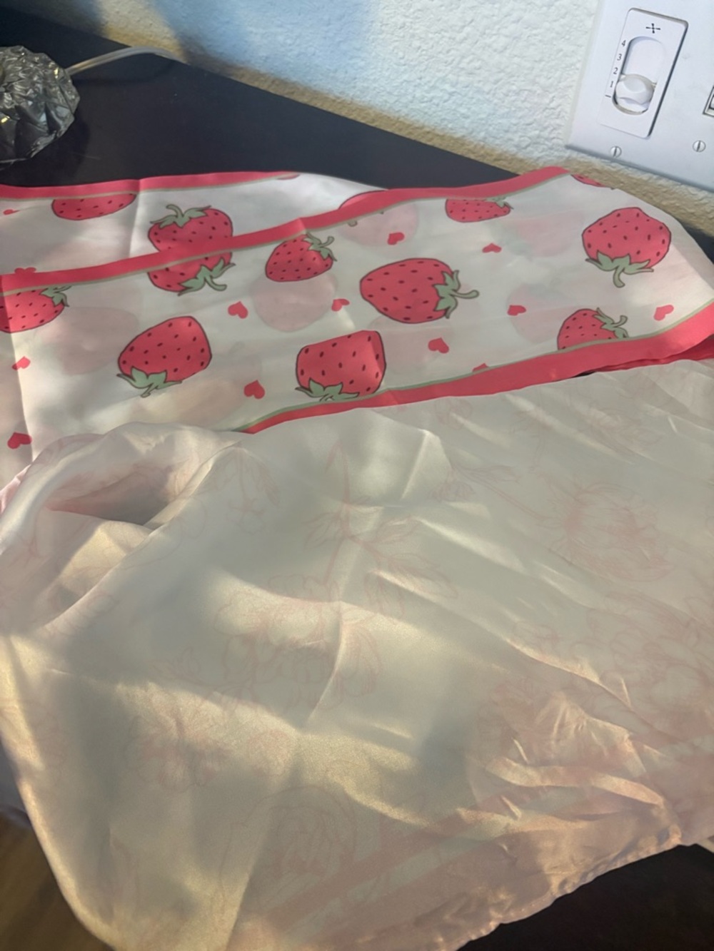 Playful Strawberry Print Satin Scarf - Pink & White